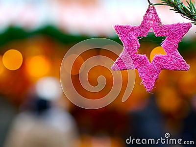 Poinsettia christmas tree branch pink star Stock Photo