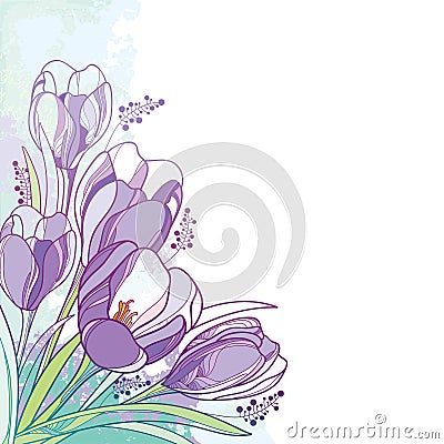 Vector corner bouquet with outline violet crocus or saffron flower and green leaf on the pastel background. Ornate floral bunch. Vector Illustration