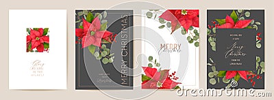 Poinsettia Realistic Vector Christmas Card Set, Floral Happy New Year Illustration. Mistletoe Frame Design Set Vector Illustration