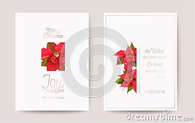 Poinsettia Realistic Vector Christmas Card Set, Floral Happy New Year Illustration. Mistletoe Frame Design Set Vector Illustration