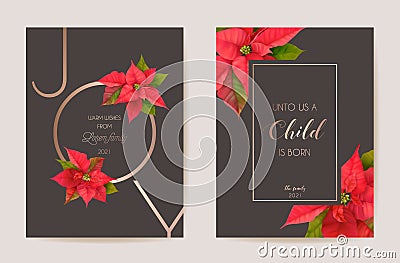 Poinsettia Realistic Vector Christmas Card Set, Floral Happy New Year Illustration. Mistletoe Frame Design Vector Illustration