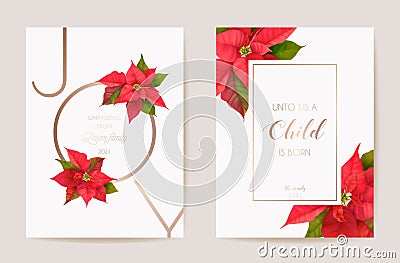 Poinsettia Realistic Vector Christmas Card Set, Floral Happy New Year Illustration. Mistletoe Frame Design Vector Illustration