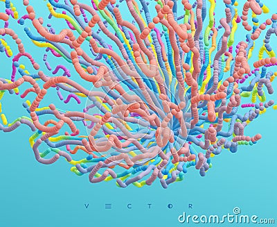 Point explode. Array with dynamic emitted particles. 3d technology style. Abstract background. Vector illustration Vector Illustration