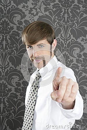 Point finger retro businessman salesperson Stock Photo