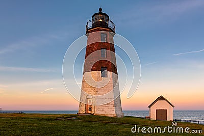 Point Judith lighthouse Famous Rhode Island Lighthouse at sunset Stock Photo