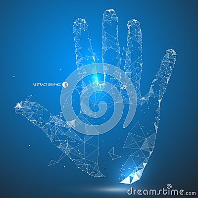 Point, line, surface connection constituted a tap gesture,Blue design background, finger point, hand vectorial effect. Vector Illustration