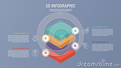 3 point stage or step infographic template with 3d isometric style shape with square layer stack on center for slide presentation Stock Photo