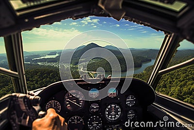 Point of view of pilot inside helicopter with amazing aerial view of Polynesian island Stock Photo