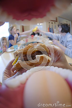 Point of View POV Mouth Eating Hamburger Meal Stock Photo