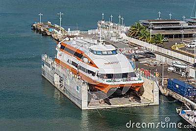 Catamaran in a floating dry dock in Pointe-a-Pitre, Guadeloupe Editorial Stock Photo