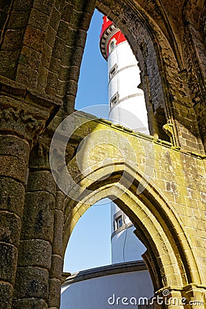 Pointe Saint Mathieu ruins and lighthouse - Plougonvelin, FinistÃ¨re, Brittany Stock Photo