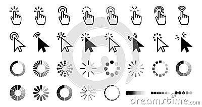 Pointer click icon. Clicking cursor, pointing hand clicks and waiting loading icons vector collection Vector Illustration