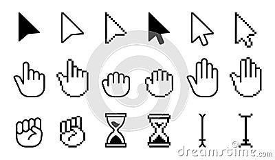 Pointer cursor icons. Computer web arrows mouse cursors and clicking line pointer cursor selecting. Pixel hand vector Vector Illustration