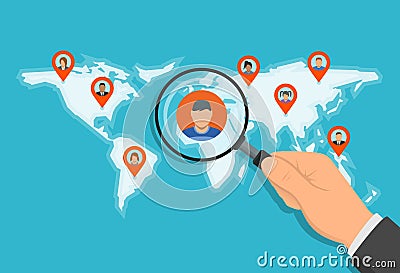 Pointer pins on the map with people and hand holding magnifier over it. Illustration in flat style Vector Illustration