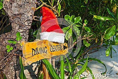 Pointer to the diving center christmas hat Stock Photo