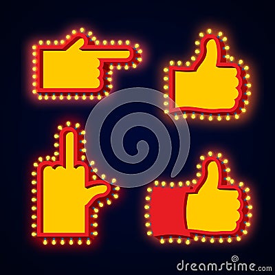 Pointers hand glowing lights set. Retro thumbs up with light bulb. Like Vintage directions. Index Shining light. aggressive Vector Illustration