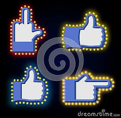 Pointers tablets hand glowing lights set. Retro thumbs up with l Vector Illustration