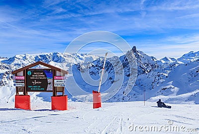 Pointers to the track in the ski resort Courchevel Editorial Stock Photo