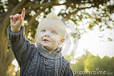 Pointing Adorable Blonde Baby Boy Outdoors at the Park Stock Photo