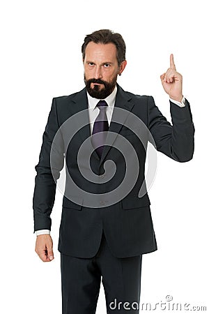 Pointing at business advertisement. Man advisor pointing advertisement isolated on white. Check out financial advisor Stock Photo