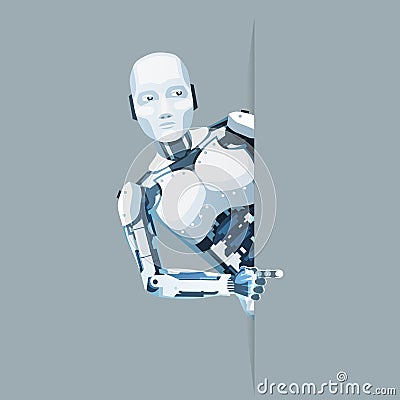 Pointing finger hand android robot look out corner online help technology science fiction future sale 3d design vector Vector Illustration