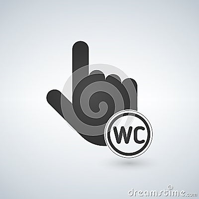 Pointing hand with wc sign in circle. Vector isolated icon. Stock Photo