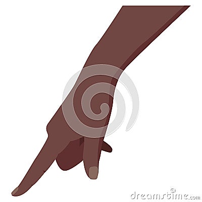 Pointing or pressing hand. Afro American dark skin color. Hand touch. Tapping finger. Isolated on white. Flat style Vector Illustration