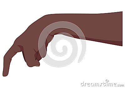 Pointing or pressing hand. Afro American dark skin color. Hand touch. Tapping finger. Isolated on white. Flat style Vector Illustration