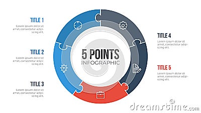 5 points circle infographic element vector with puzzle, can be used for workflow, steps, options, list, processes, presentation Vector Illustration