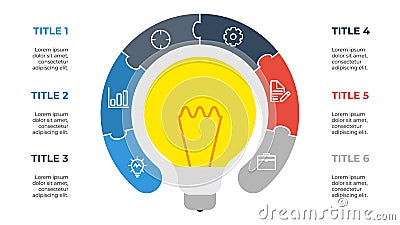 6 points circular puzzle infographic element vector with light bulb, cretive concept for steps, options, processes, business idea Vector Illustration