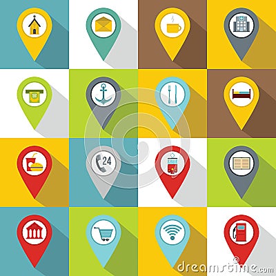 Points of interest icons set, flat style Vector Illustration