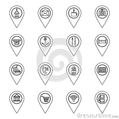 Points of interest icons set, outline style Vector Illustration