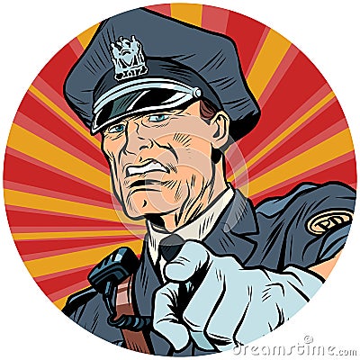 Points serious police officer pop art avatar character icon Vector Illustration