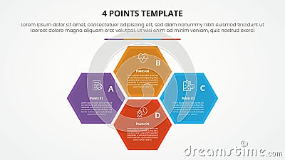 4 points stage list template infographic concept for slide presentation with big hexagon cycle or circular with flat style Stock Photo
