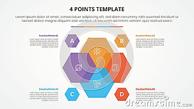 4 points stage list template infographic concept for slide presentation with venn blending hexagon cycle circular with flat style Vector Illustration