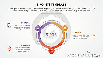 3 points stage template infographic concept for slide presentation with big circle piechart outline with 3 point list with flat Vector Illustration