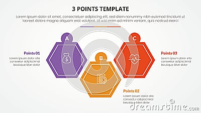 3 points stage template infographic concept for slide presentation with hexagon shape up and down with 3 point list with flat Vector Illustration