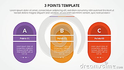3 points stage template infographic concept for slide presentation with round shape with slice title with 3 point list with flat Vector Illustration