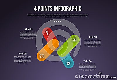 4 points or step process infographic with creative round rectangle box create x shape with modern dark style for slide Vector Illustration