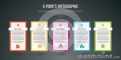 5 points or step process infographic with creative table with clean header with modern dark style for slide presentation Stock Photo
