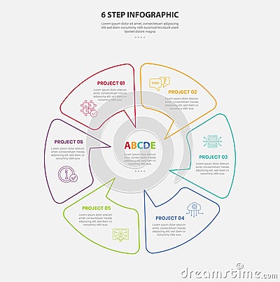 6 points template infographic outline style with 6 point step template with circular cycle on circle with callout discussion box Stock Photo