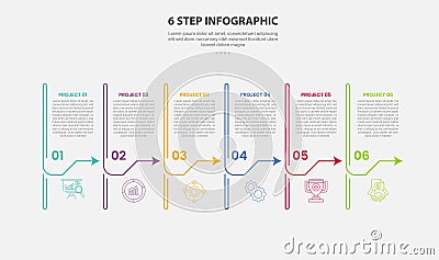6 points template infographic outline style with 6 point step template with open table with arrow at footer on right direction for Stock Photo