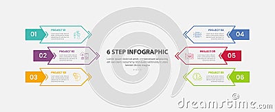 6 points template infographic outline style with 6 point step template with rectangle arrow box container head to head direction Stock Photo