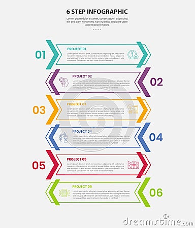 6 points template infographic outline style with 6 point step template with rectangle arrow container vertical stack opposite for Stock Photo