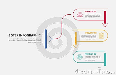 3 points template infographic outline style with 3 point step template with round rectangle line with slice and arrow bottom Stock Photo