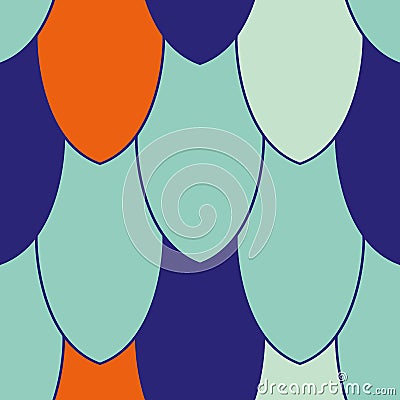 Pointy scale vector seamless pattern background.Tropical color indigo orange blue oval oblong overlapping shapes Vector Illustration