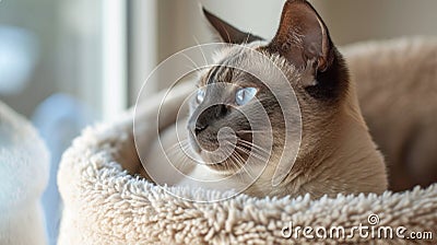 Poised Siamese cat with striking blue eyes. AI generated Stock Photo