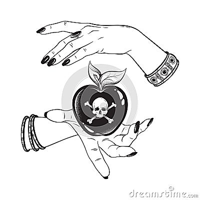Poison apple in hands of witch line art and dot work hand drawn vector illustration. Boho style sticker, patch, print or blackwork Vector Illustration