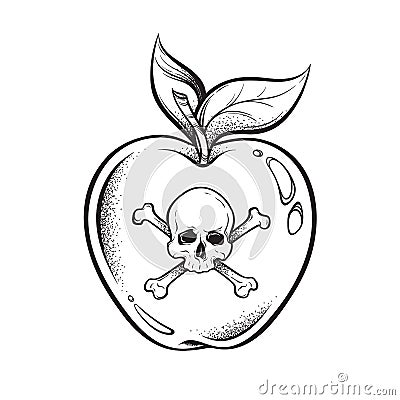 Poison apple line art and dot work hand drawn vector illustration. Boho style sticker, patch, print or blackwork flash tattoo desi Vector Illustration