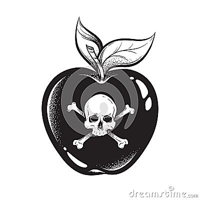 Poison apple line art and dot work hand drawn vector illustration. Boho style sticker, patch, print or blackwork flash tattoo desi Vector Illustration